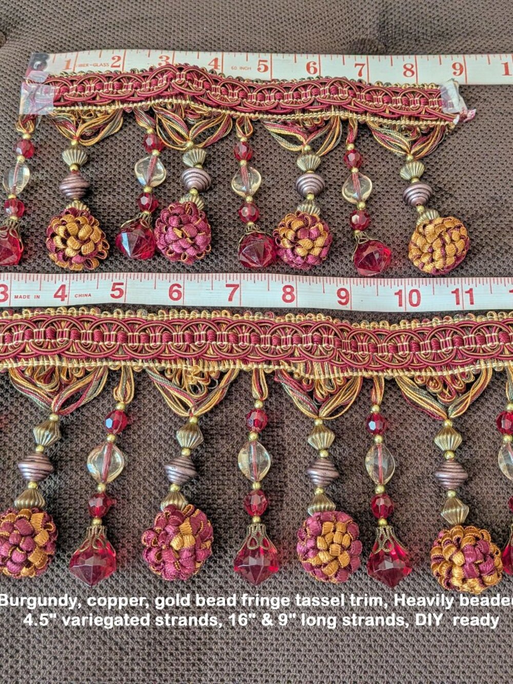 Burgundy, copper, gold bead fringe tassel trim, Heavily beaded, 4.5" strands